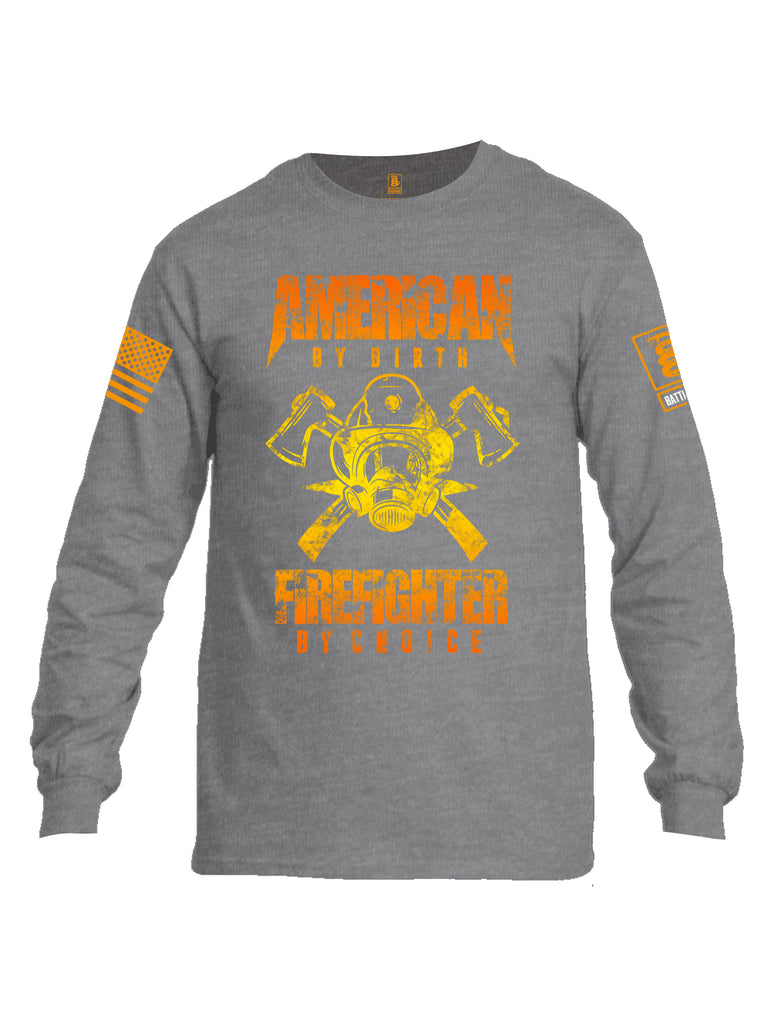Battleraddle American By Birth Firefighter By Choice Orange Sleeve Print Mens Cotton Long Sleeve Crew Neck T Shirt