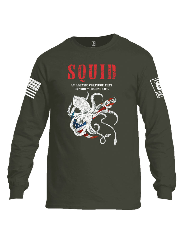 Battleraddle Squid White Sleeve Print Mens Cotton Long Sleeve Crew Neck T Shirt