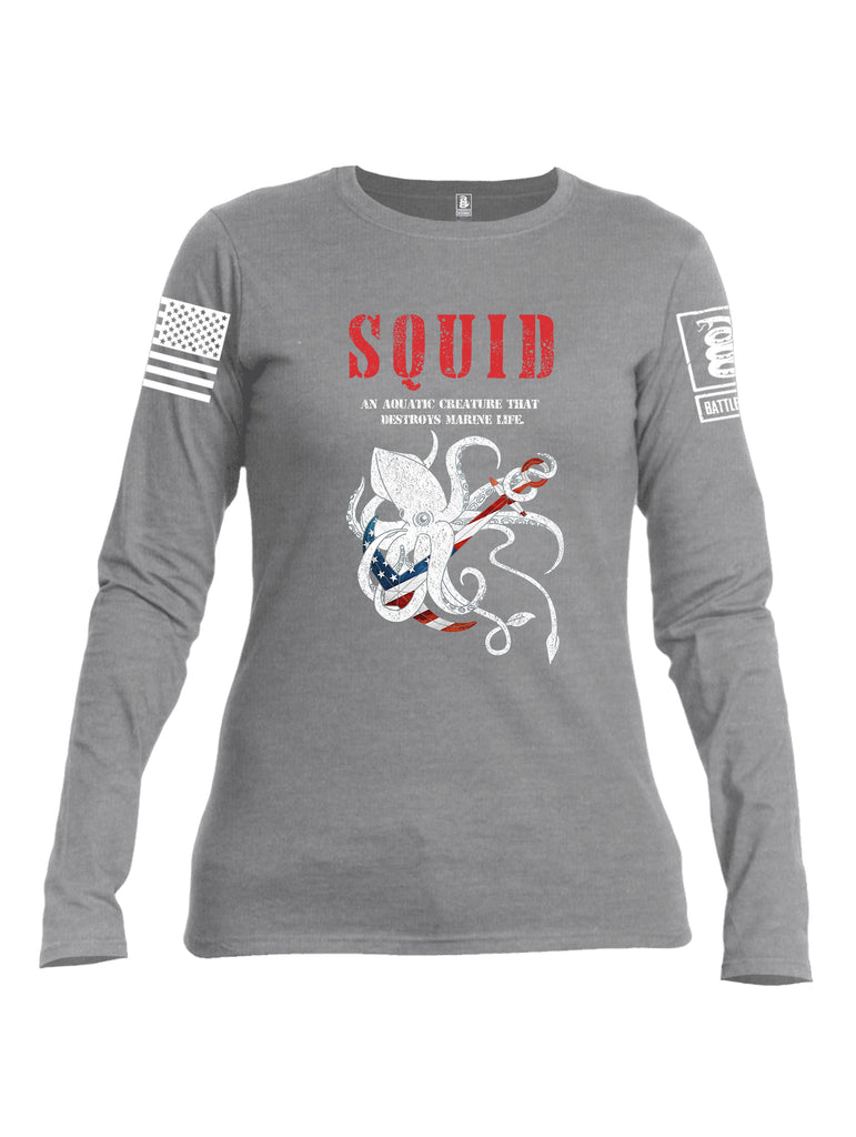 Battleraddle Squid White Sleeve Print Womens Cotton Long Sleeve Crew Neck T Shirt