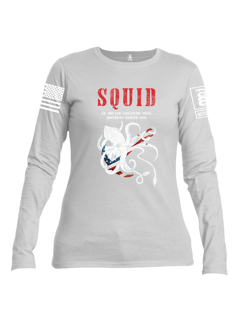 Battleraddle Squid White Sleeve Print Womens Cotton Long Sleeve Crew Neck T Shirt