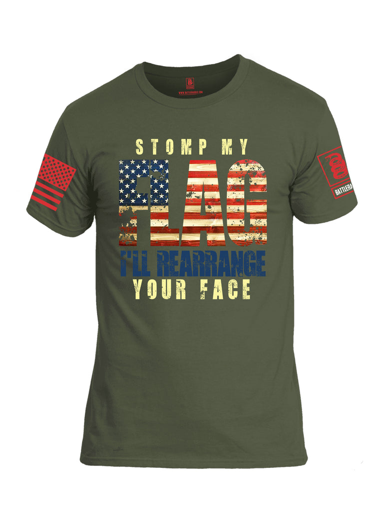 Battleraddle Stomp My Flag I'll Rearrange Your Face Red Sleeve Print Mens Cotton Crew Neck T Shirt