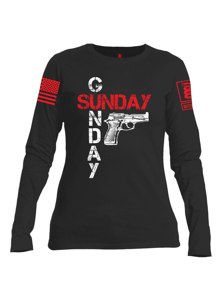Battleraddle Sunday Gunday Red Sleeve Print Womens Cotton Long Sleeve Crew Neck T Shirt