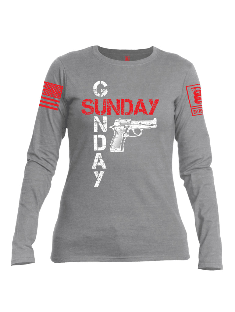 Battleraddle Sunday Gunday Red Sleeve Print Womens Cotton Long Sleeve Crew Neck T Shirt