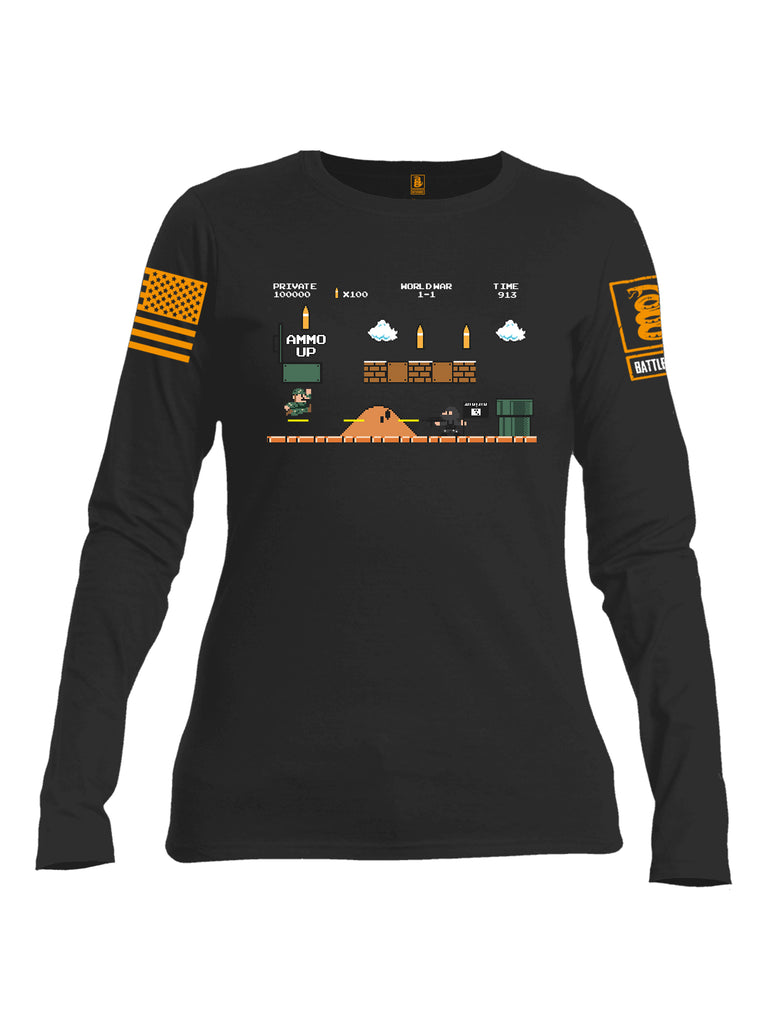 Battleraddle Super Battle Bros Ammo Up Orange Sleeve Print Womens Cotton Long Sleeve Crew Neck T Shirt