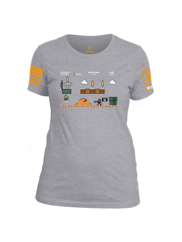 Battleraddle Super Battle Bros Ammo Up Orange Sleeve Print Womens Cotton Crew Neck T Shirt