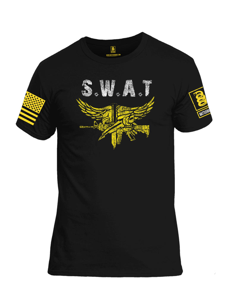 Battleraddle SWAT Yellow Sleeve Print Mens Cotton Crew Neck T Shirt