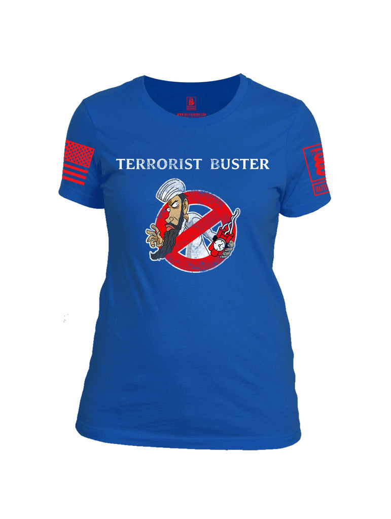 Battleraddle Terrorist Buster V3 Red Sleeve Print Womens Cotton Crew Neck T Shirt