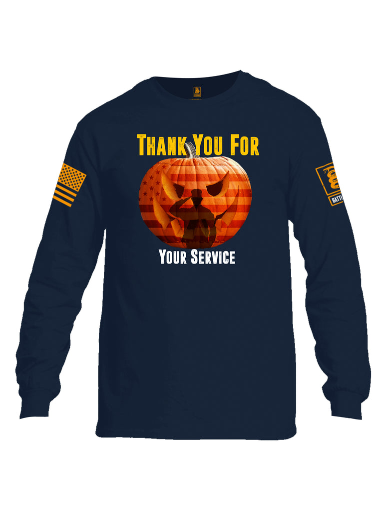 Battleraddle Thank You For Your Service USA Flag Pumpkin Orange Sleeve Print Mens Cotton Long Sleeve Crew Neck T Shirt