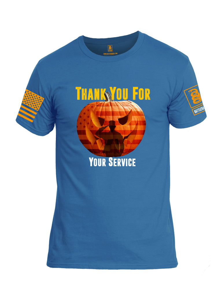 Battleraddle Thank You For Your Service USA Flag Pumpkin Orange Sleeve Print Mens 100% Battlefit Polyester Crew Neck T Shirt