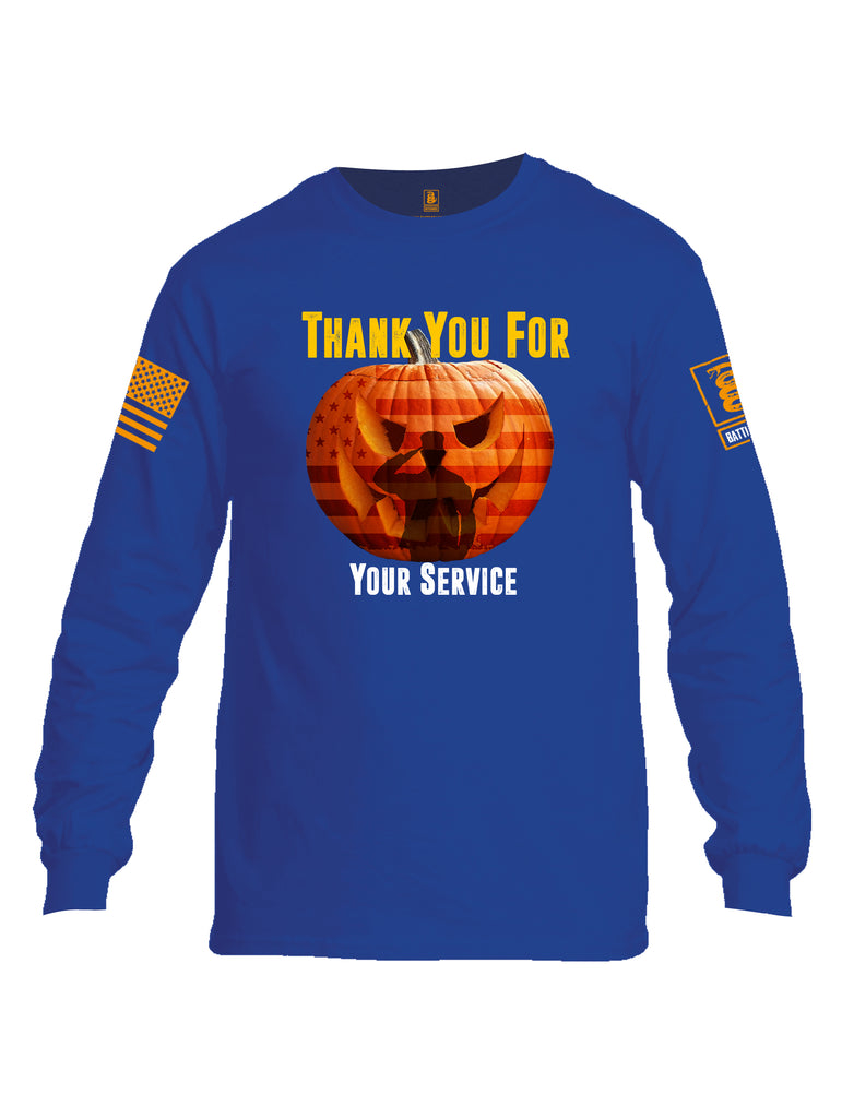 Battleraddle Thank You For Your Service USA Flag Pumpkin Orange Sleeve Print Mens Cotton Long Sleeve Crew Neck T Shirt