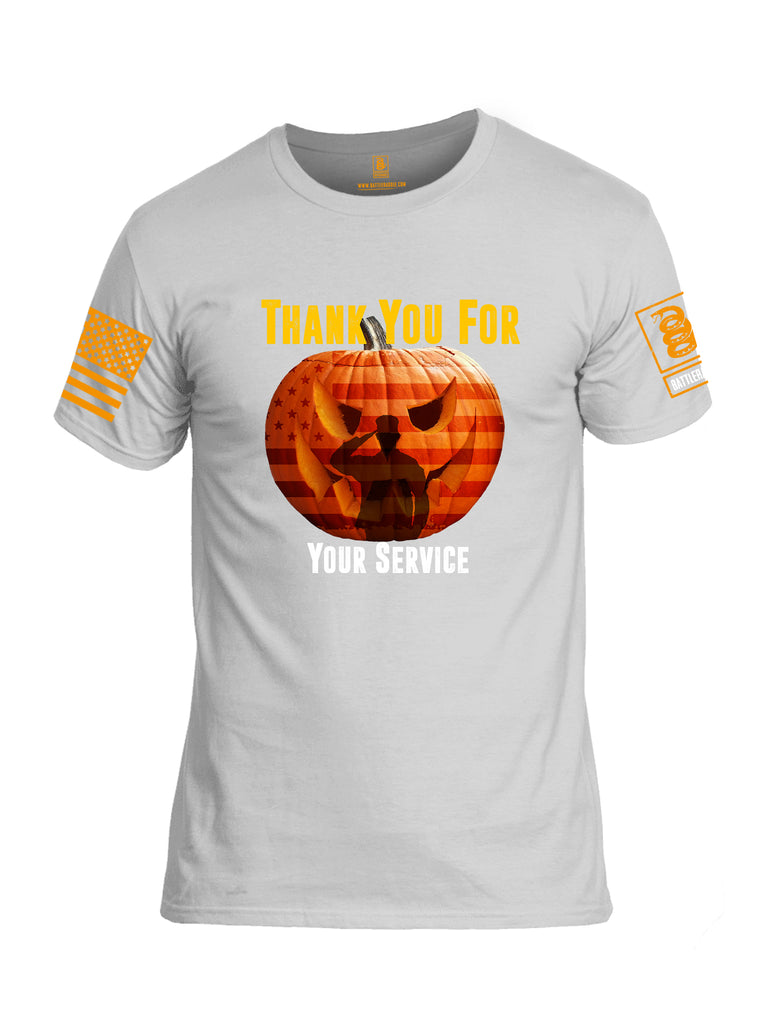 Battleraddle Thank You For Your Service USA Flag Pumpkin Orange Sleeve Print Mens 100% Battlefit Polyester Crew Neck T Shirt