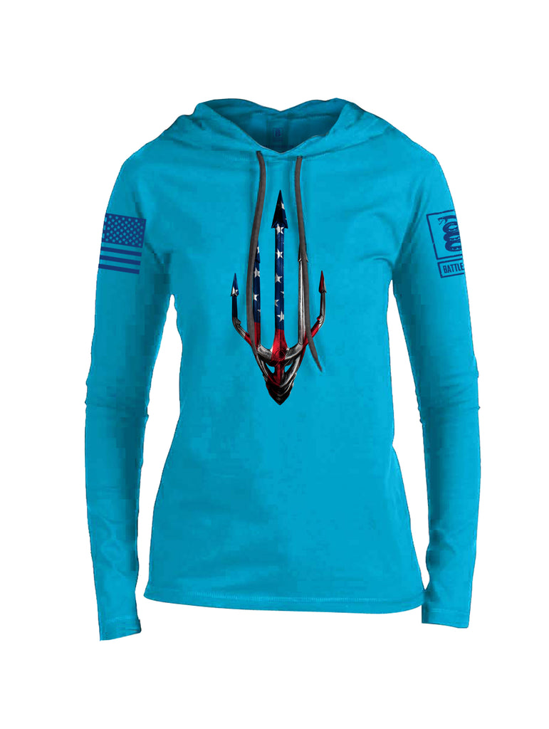 Battleraddle Water Man Trident USA American Flag Blue Sleeve Print Womens Thin Cotton Lightweight Hoodie