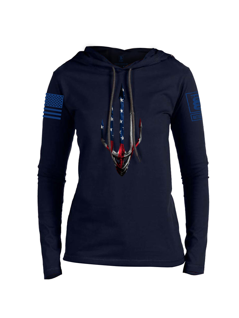 Battleraddle Water Man Trident USA American Flag Blue Sleeve Print Womens Thin Cotton Lightweight Hoodie