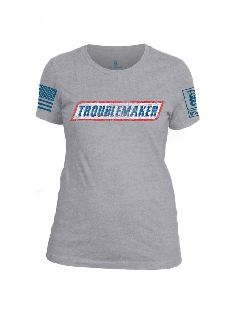 Battleraddle Troublemaker Blue Sleeve Print Womens Cotton Crew Neck T Shirt