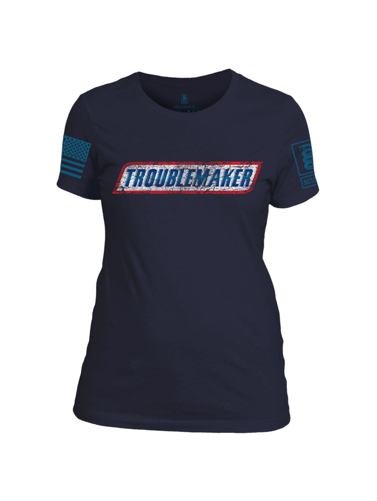 Battleraddle Troublemaker Blue Sleeve Print Womens Cotton Crew Neck T Shirt