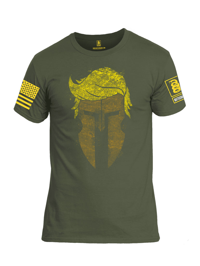 Battleraddle Trump Spartan Helm Yellow Sleeve Print Mens Cotton Crew Neck T Shirt
