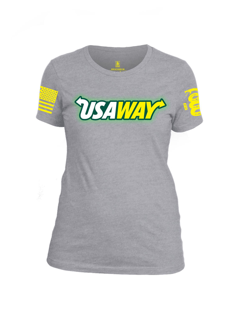 Battleraddle USAWAY Yellow Sleeve Print Womens Cotton Crew Neck T Shirt