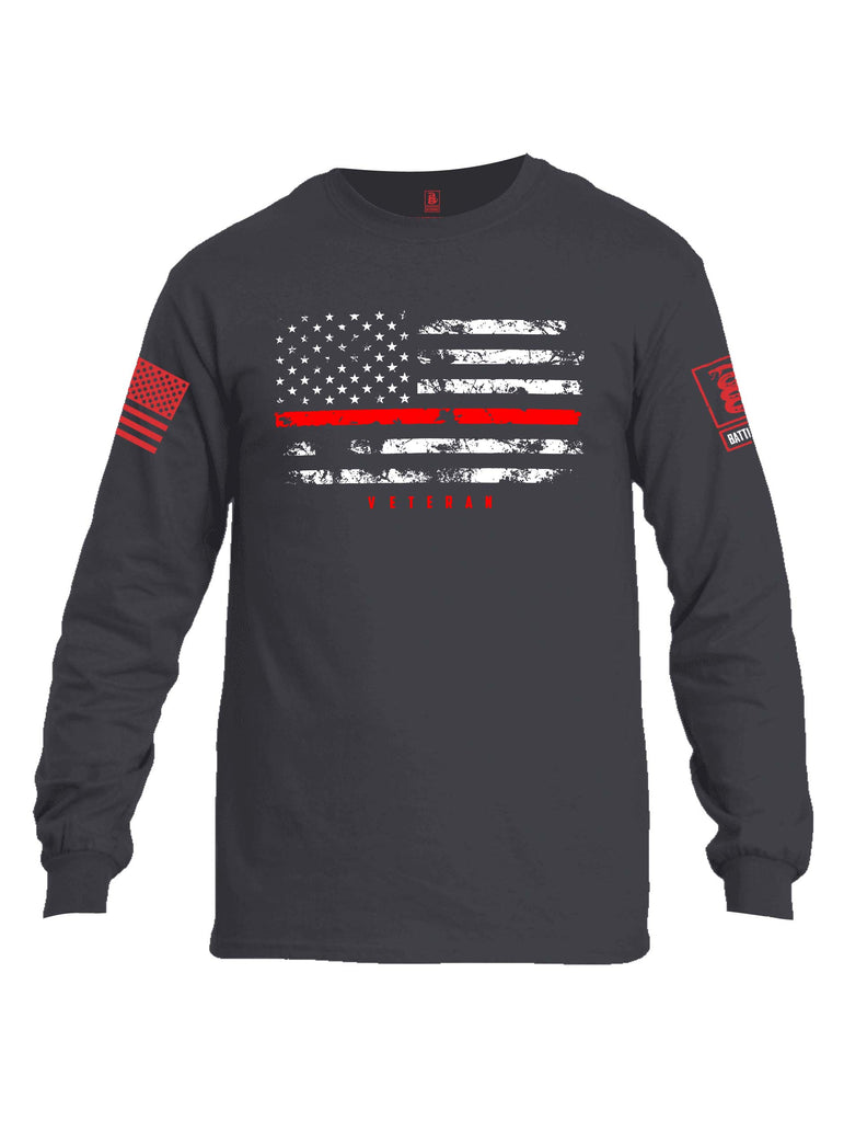 Battleraddle American Flag Red Line Veteran Red Sleeve Print Mens Cotton Long Sleeve Crew Neck T Shirt