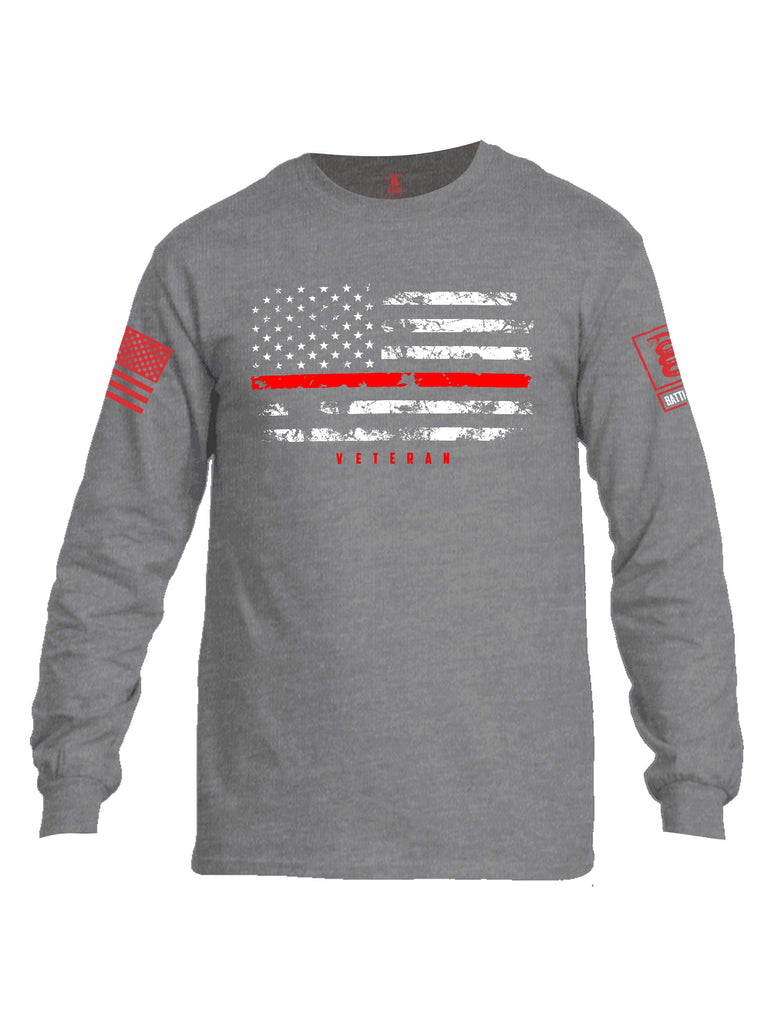 Battleraddle American Flag Red Line Veteran Red Sleeve Print Mens Cotton Long Sleeve Crew Neck T Shirt