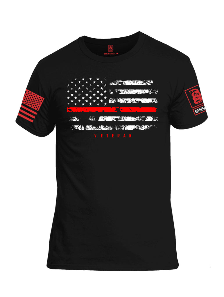 Battleraddle American Flag Red Line Veteran Red Sleeve Print Mens Cotton Crew Neck T Shirt