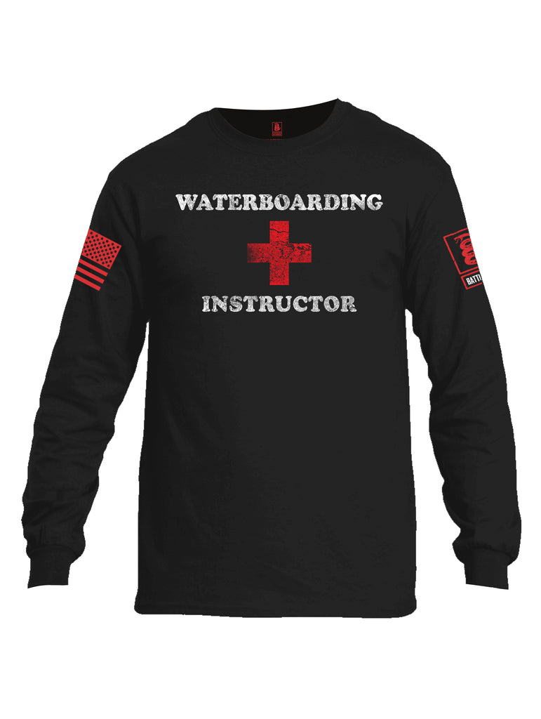 Battleraddle Waterboarding Instructor Red Sleeve Print Mens Cotton Long Sleeve Crew Neck T Shirt-Black