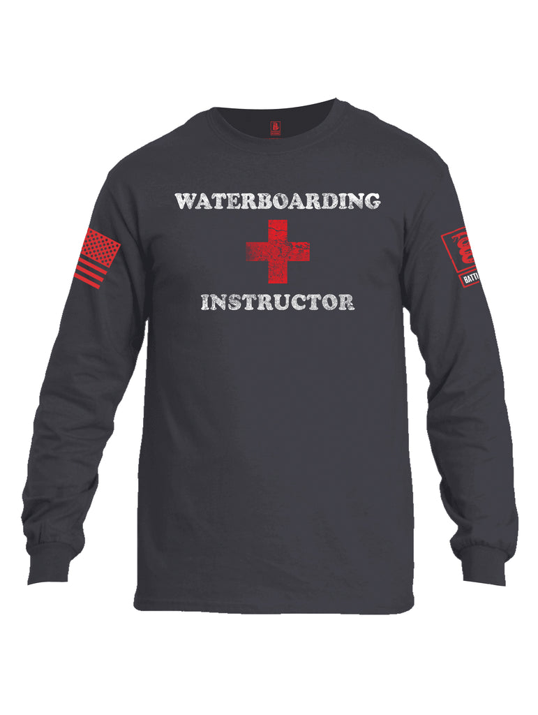 Battleraddle Waterboarding Instructor Red Sleeve Print Mens Cotton Long Sleeve Crew Neck T Shirt-Charcoal