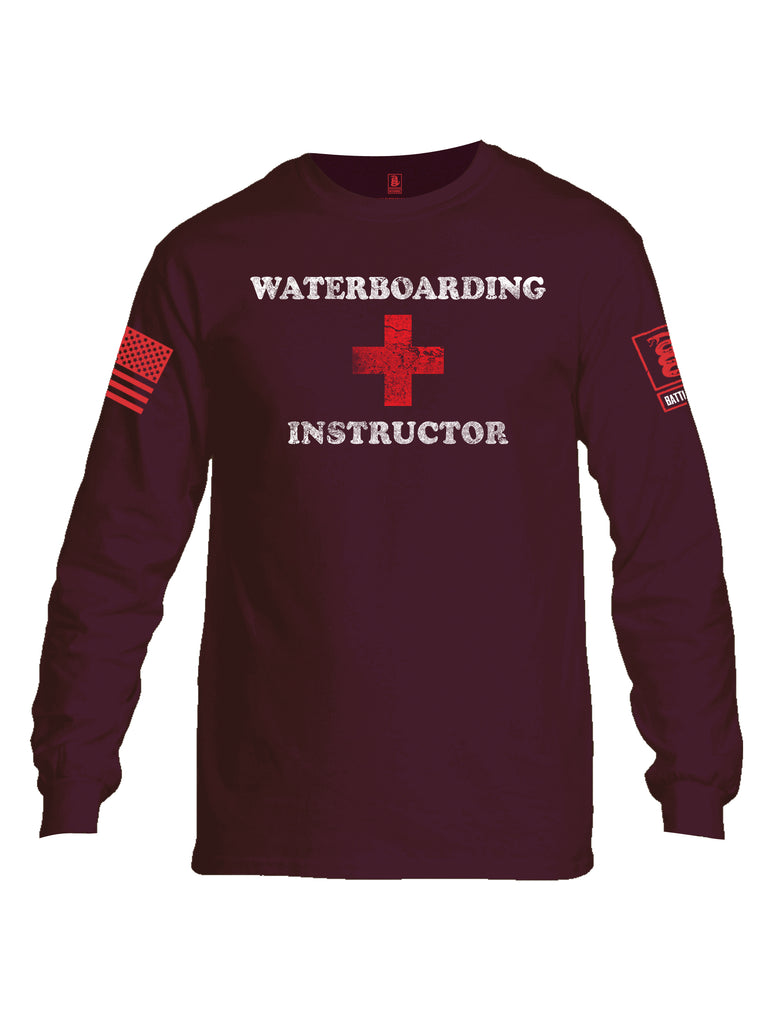 Battleraddle Waterboarding Instructor Red Sleeve Print Mens Cotton Long Sleeve Crew Neck T Shirt-Maroon