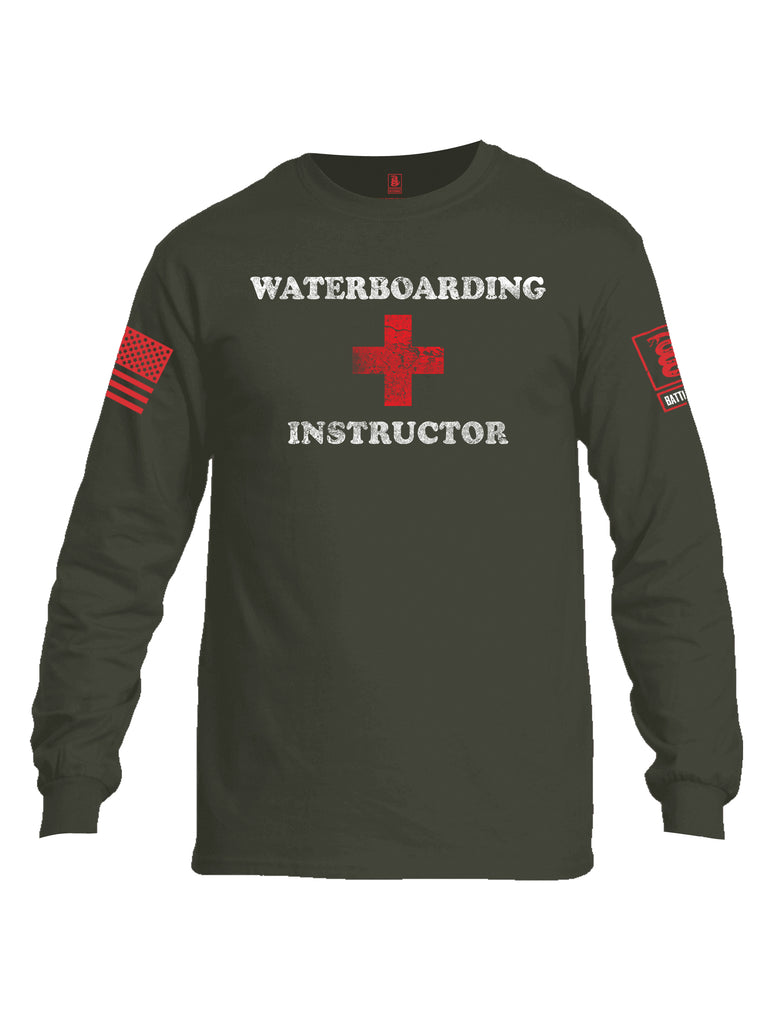 Battleraddle Waterboarding Instructor Red Sleeve Print Mens Cotton Long Sleeve Crew Neck T Shirt-Military Green