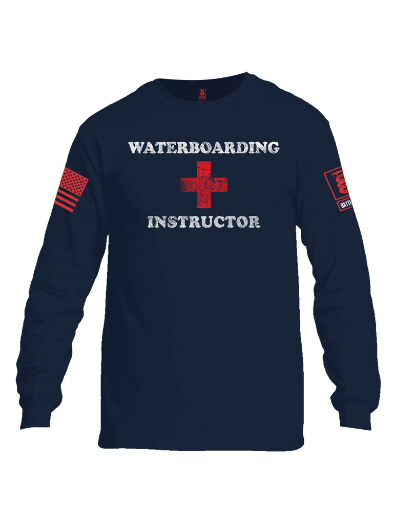 Battleraddle Waterboarding Instructor Red Sleeve Print Mens Cotton Long Sleeve Crew Neck T Shirt-Navy Blue
