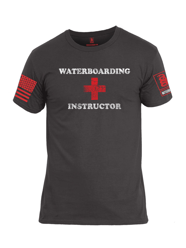 Battleraddle Waterboarding Instructor Red Sleeve Print Mens Cotton Crew Neck T Shirt-Charcoal