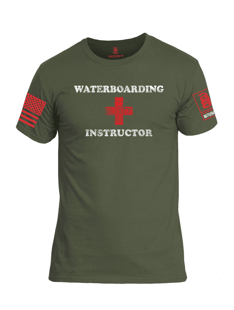 Battleraddle Waterboarding Instructor Red Sleeve Print Mens Cotton Crew Neck T Shirt-Military Green