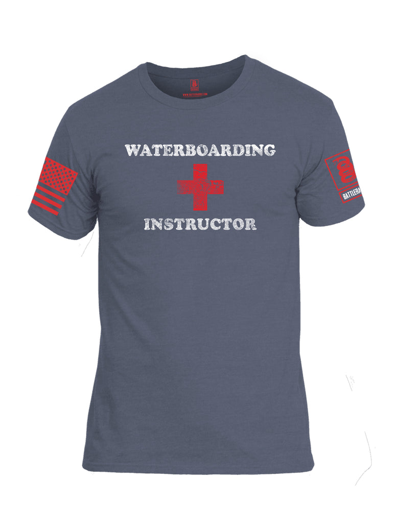 Battleraddle Waterboarding Instructor Red Sleeve Print Mens Cotton Crew Neck T Shirt-Navy Working Uniform Blue