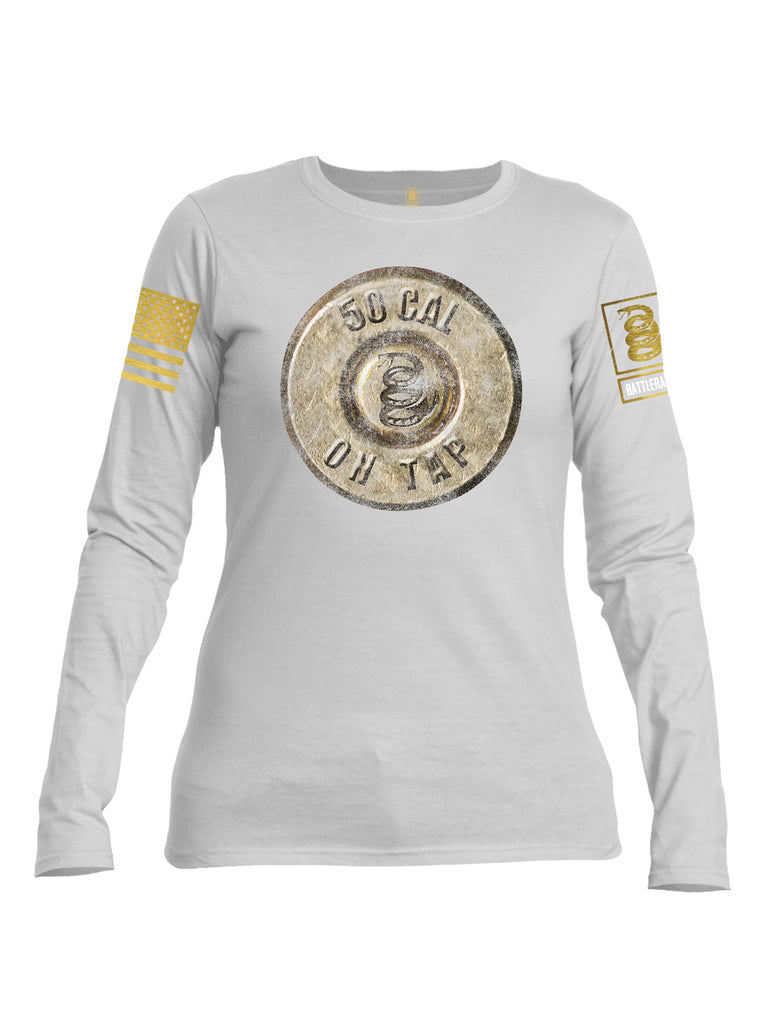 Battleraddle 50 CAL On Tap Brass Sleeve Print Womens Cotton Long Sleeve Crew Neck T Shirt