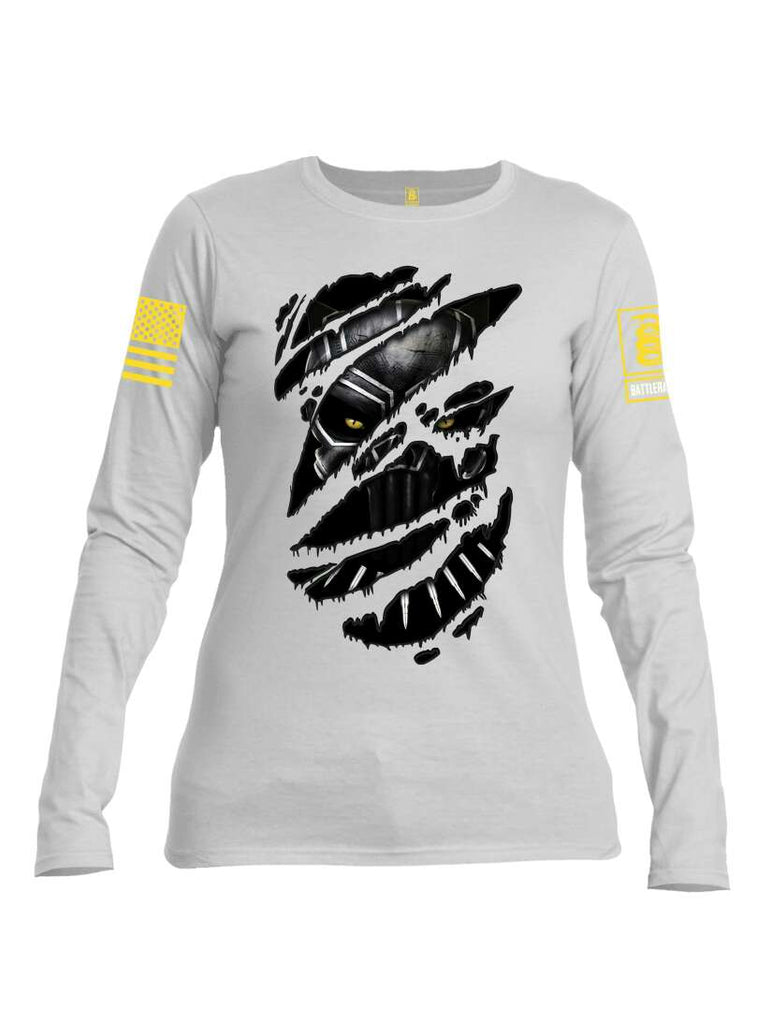 Battleraddle Panting Bullet Expounder Skull Ripped Yellow Sleeve Print Womens Cotton Long Sleeve Crew Neck T Shirt