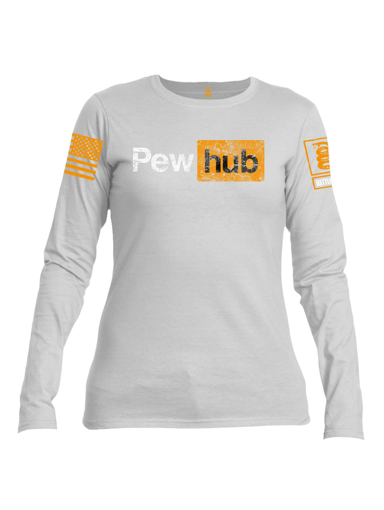 Battleraddle Pew Hub Orange Sleeve Print Womens Cotton Long Sleeve Crew Neck T Shirt