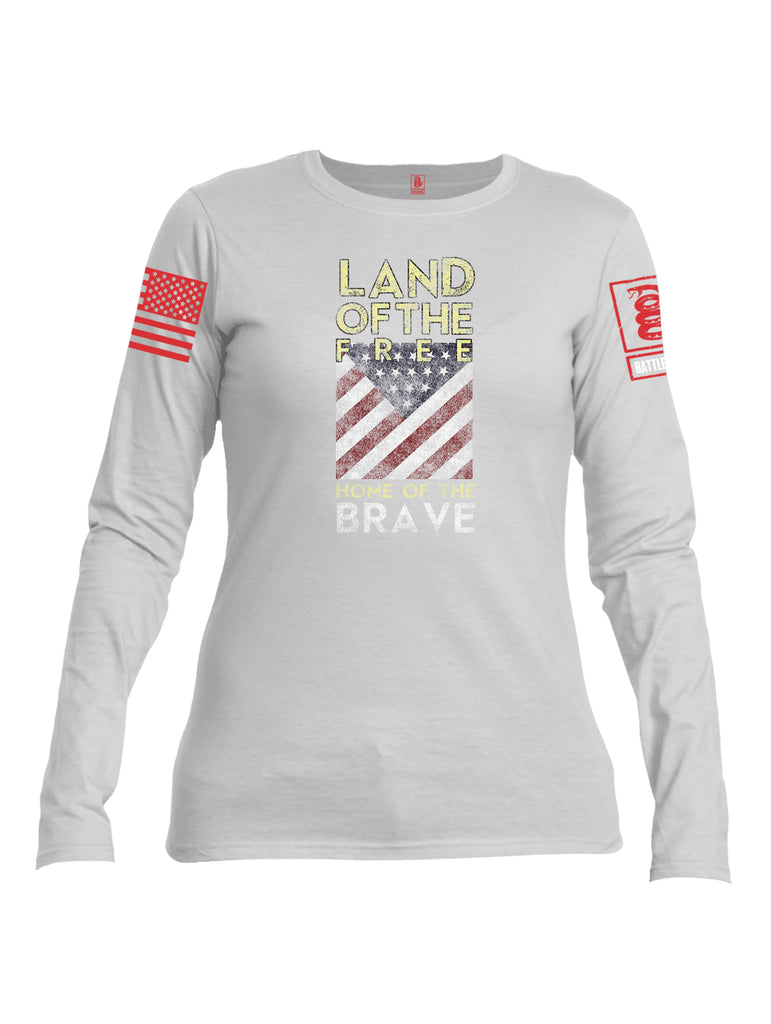 Battleraddle Land Of The Free Home Of The Brave Red Sleeve Print Womens Cotton Long Sleeve Crew Neck T Shirt