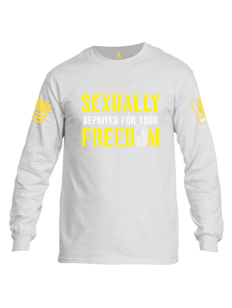 Battleraddle Sexually Deprived For Your Freedom Yellow Sleeve Print Mens Cotton Long Sleeve Crew Neck T Shirt