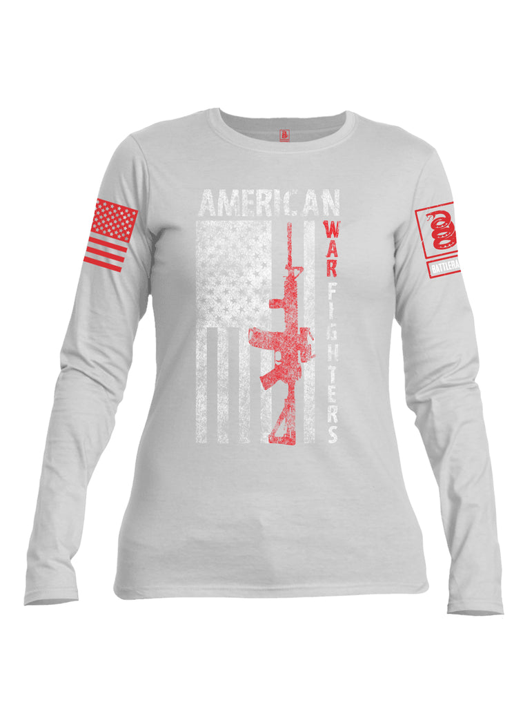 Battleraddle American War Fighters Red Sleeve Print Womens Cotton Long Sleeve Crew Neck T Shirt