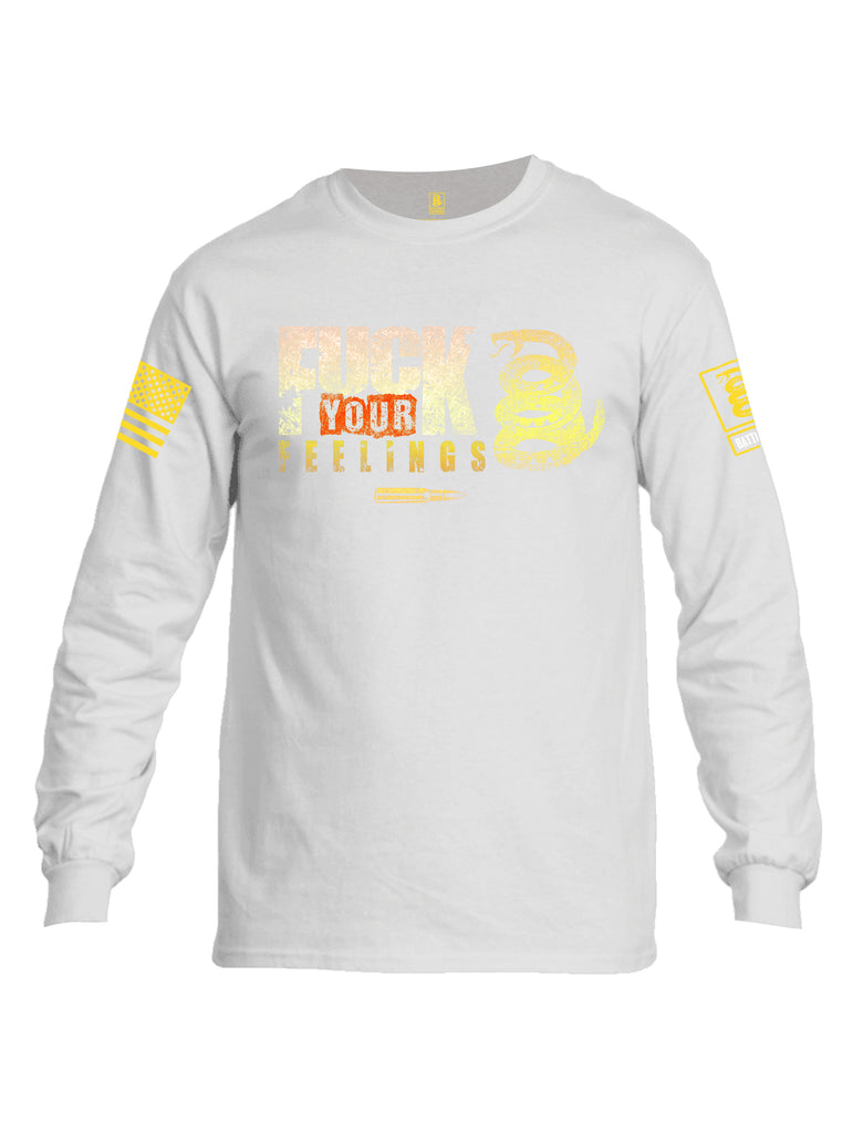 Battleraddle Fuck Your Feelings Yellow Sleeve Print Mens Cotton Long Sleeve Crew Neck T Shirt