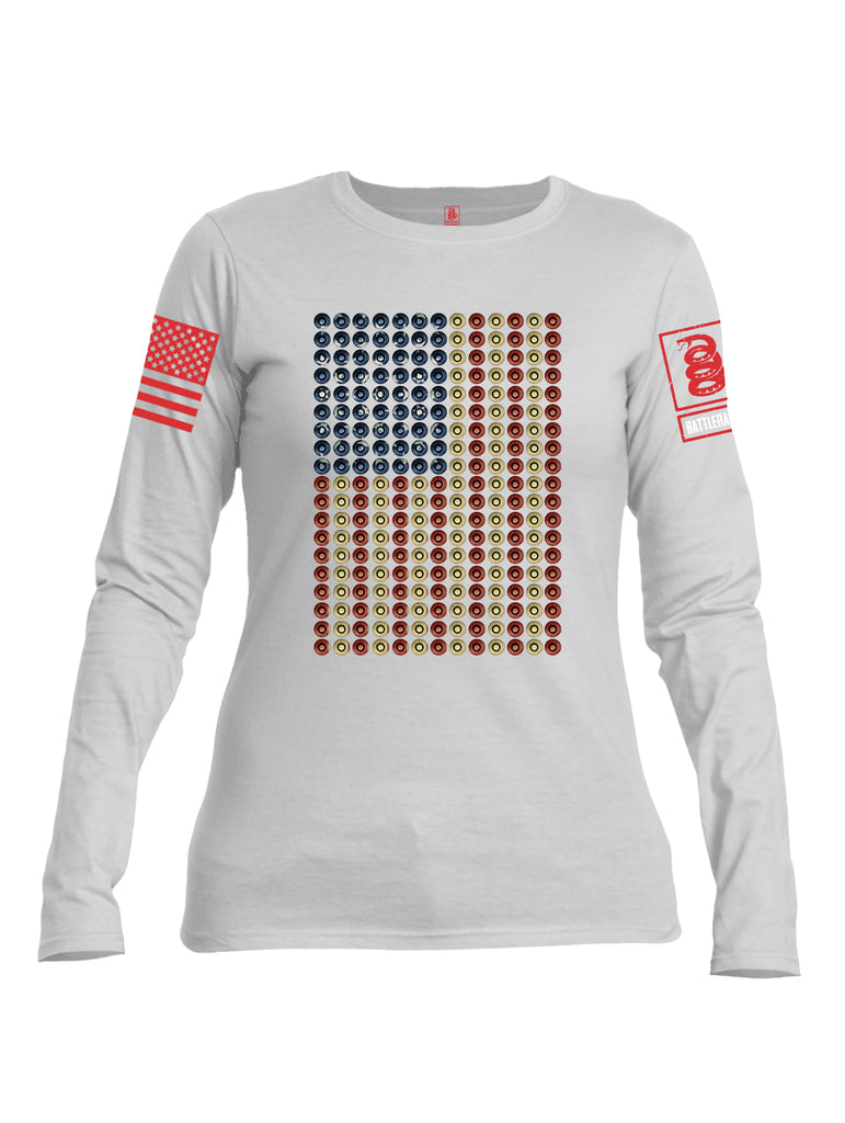 Battleraddle Bullet Casing USA Flag Red Sleeve Print Womens Cotton Long Sleeve Crew Neck T Shirt