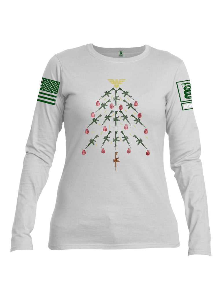 Battleraddle Christmas Rifle Tree Bomb Green Sleeve Print Womens Cotton Long Sleeve Crew Neck T Shirt