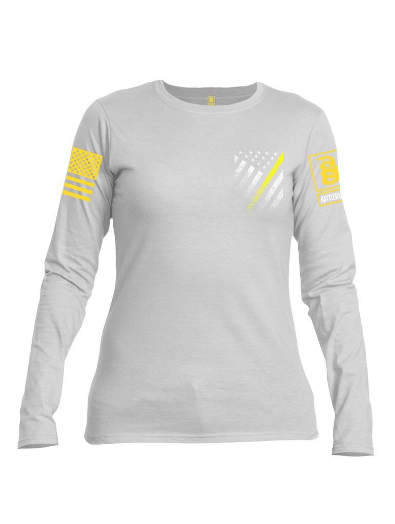 Battleraddle USA Yellow Thin Line Series Flag Yellow Sleeve Print Womens Cotton Long Sleeve Crew Neck T Shirt shirt|custom|veterans|Women-Long Sleeves Crewneck Shirt