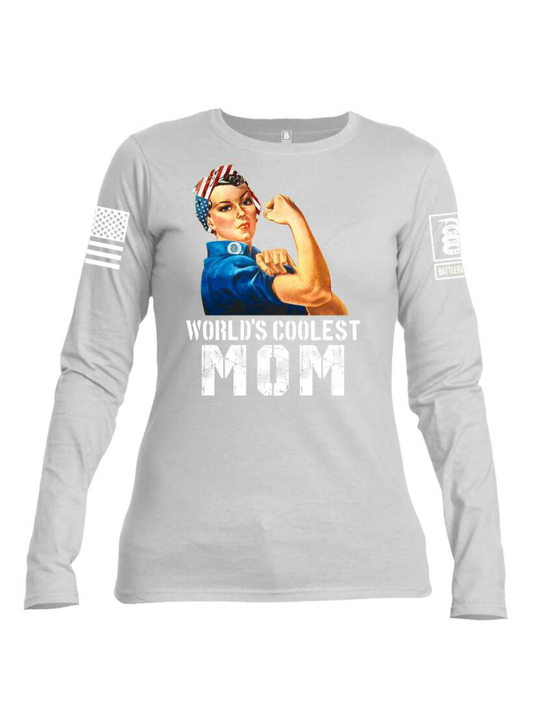 Battleraddle World's Coolest Mom White Sleeve Print Womens Cotton Long Sleeve Crew Neck T Shirt