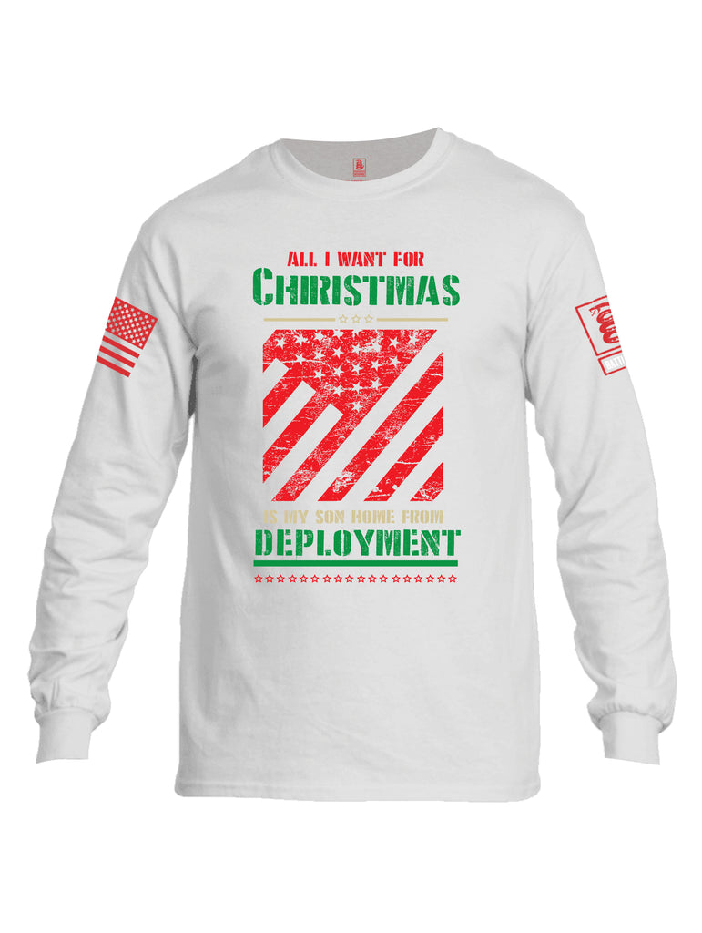 Battleraddle All I Want For Christmas Is My Son Home From Deployment Red Sleeve Print Mens Cotton Long Sleeve Crew Neck T Shirt
