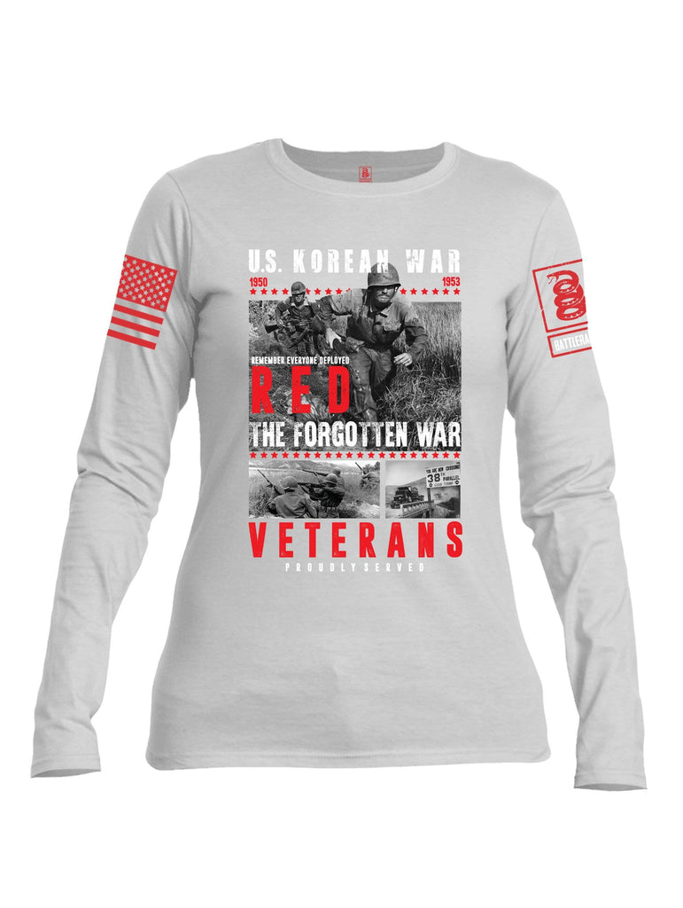 Battleraddle US Korean War RED Remember Everyone Deployed The Forgotten War Veterans Proudly Served Red Sleeve Print Womens Cotton Long Sleeve Crew Neck T Shirt shirt|custom|veterans|Women-Long Sleeves Crewneck Shirt