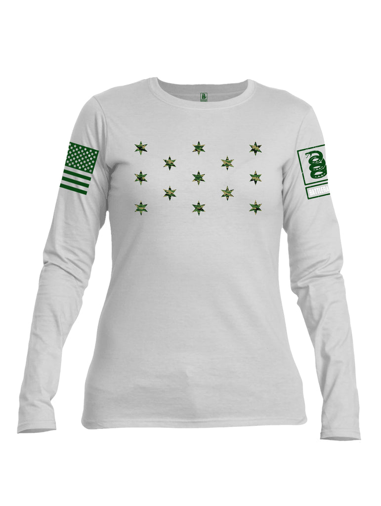 Battleraddle The OG Star Flag Green Sleeve Print Womens Cotton Long Sleeve Crew Neck T Shirt