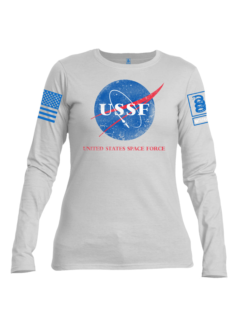 Battleraddle United States Space Force Blue Sleeve Print Womens Cotton Long Sleeve Crew Neck T Shirt