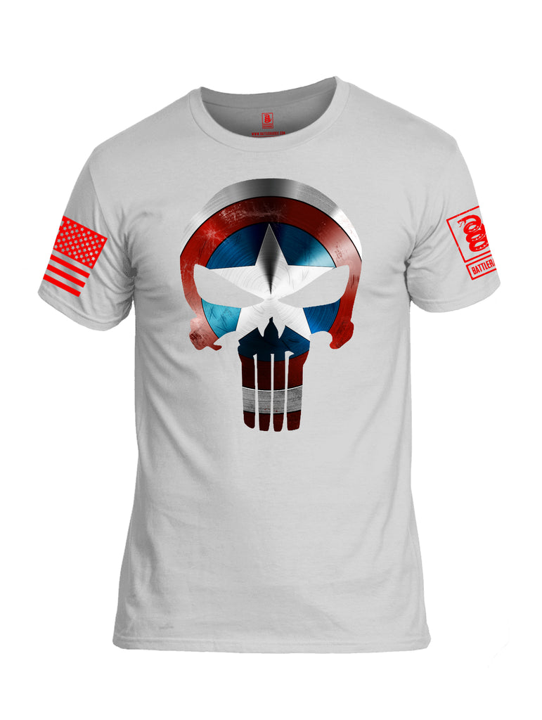 Battleraddle Captain Punisher America Shield Skull V1 Red Sleeve Print Mens Cotton Crew Neck T Shirt - Battleraddle® LLC