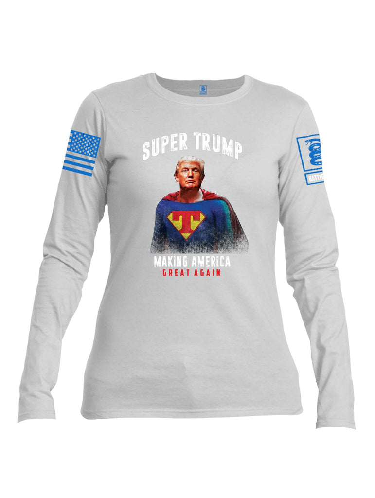 Battleraddle Super Trump Making America Great Again Blue Sleeve Print Womens Cotton Long Sleeve Crew Neck T Shirt