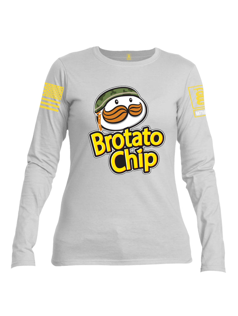 Battleraddle Brotato Chip Yellow Sleeve Print Womens Cotton Long Sleeve Crew Neck T Shirt